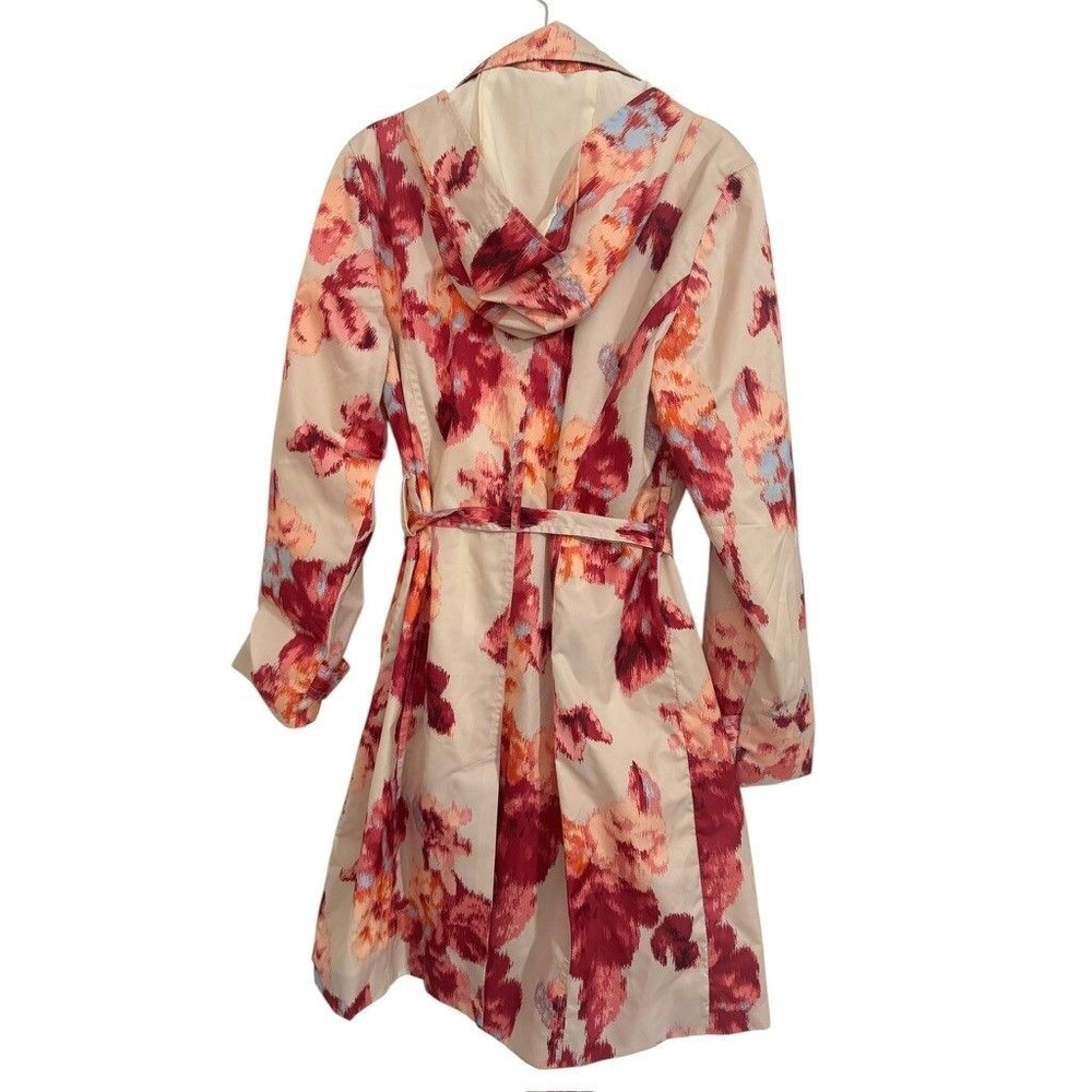 Chicos Trench Coat Womens 1 MEDIUM Floral Pockets Detachable Hoodie Button Front - Picture 6 of 13